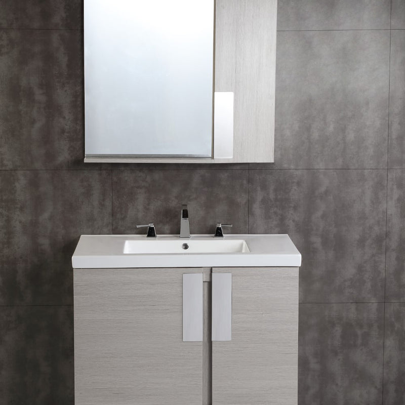 Bellaterra Home 500822-36 Modern 36" vanity, Gray Pine, white ceramic top, angled view with doors closed