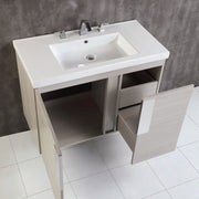 Bellaterra Home 500822-36 Modern 36" vanity, Gray Pine, white ceramic top, angled view with doors open showing the shelf