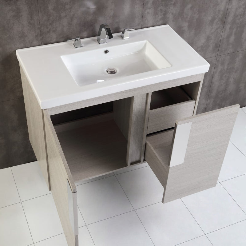Bellaterra Home 500822-36 Modern 36" vanity, Gray Pine, white ceramic top, angled view with doors open showing the shelf