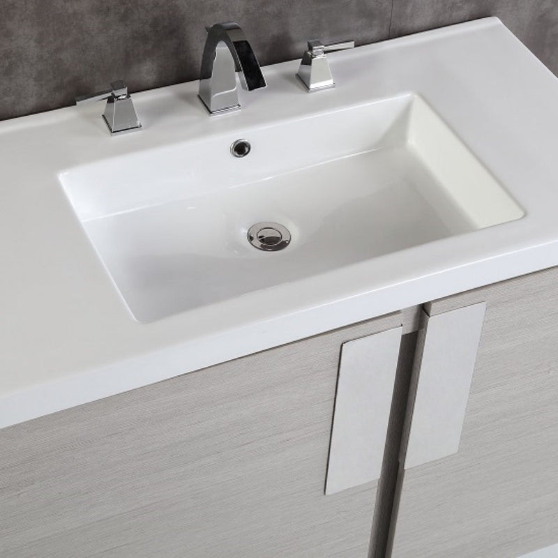 Bellaterra Home 500822-36 Modern 36" vanity, Gray Pine, white ceramic top, countertop and sink close-up