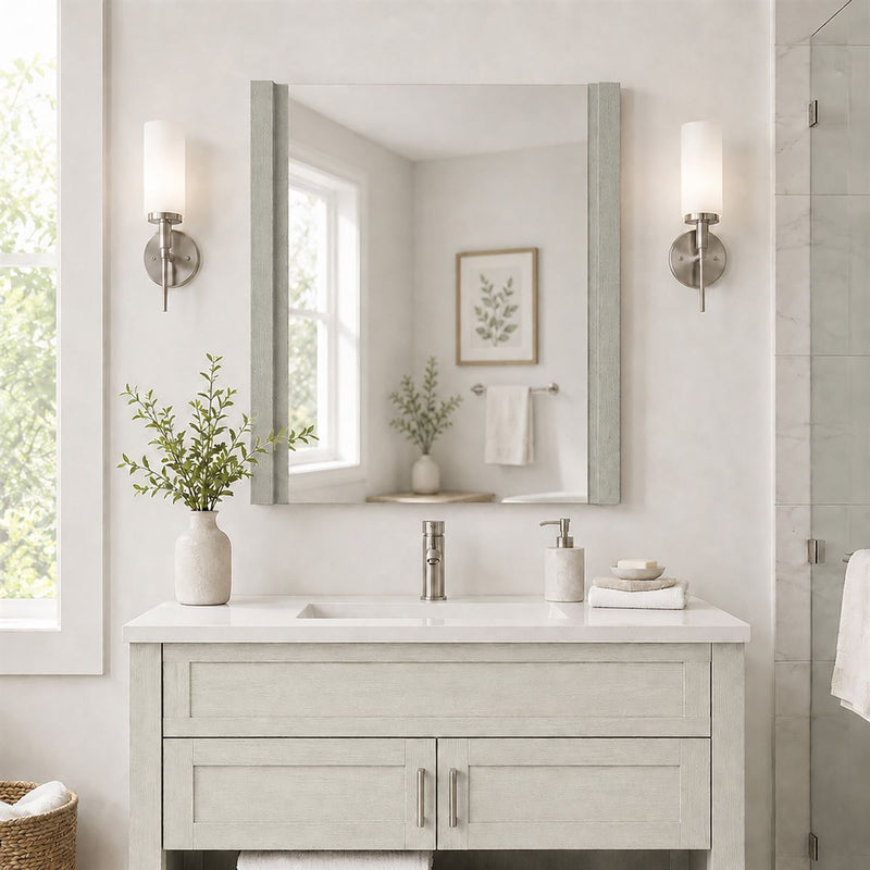 Bellaterra Home 502001B-MIR-30 29.5" mirror, Gray Pine, installed in a bathroom