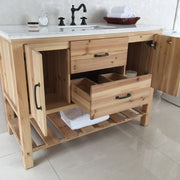 Bellaterra Home 6004-48-NL-JW Natural 48" vanity, Natural, jazz white marble top, angled view with doors open showing the
