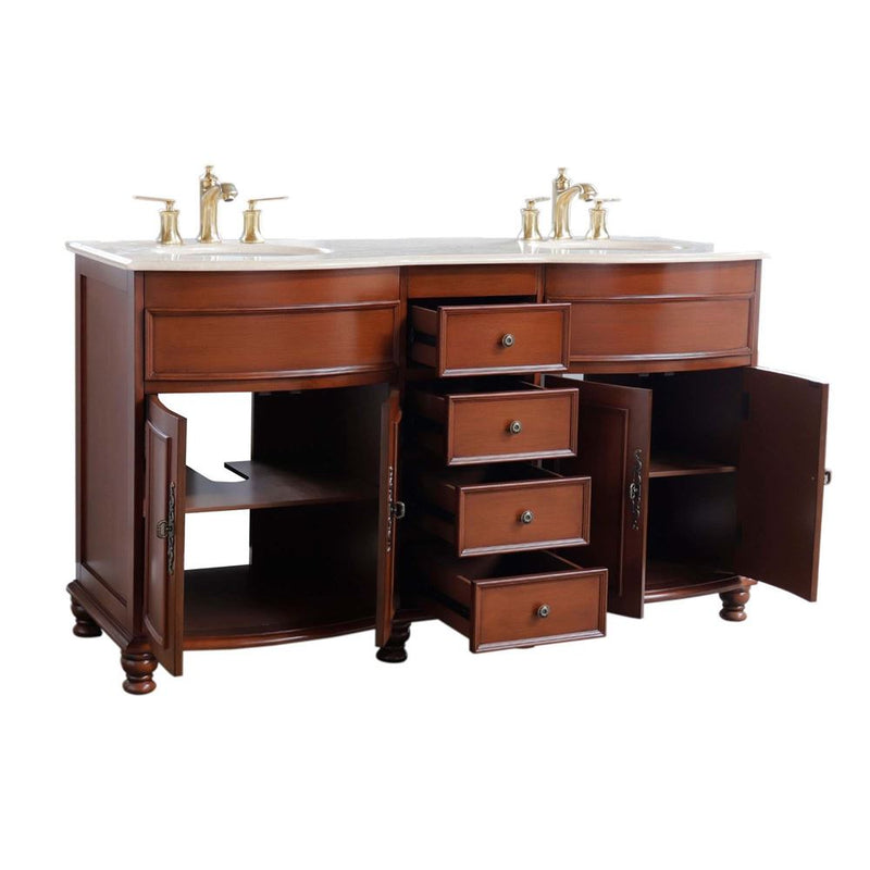 Bellaterra Home 603316-LW-AM Natural 62" vanity, Walnut, marble top, angled view with doors open showing the shelf