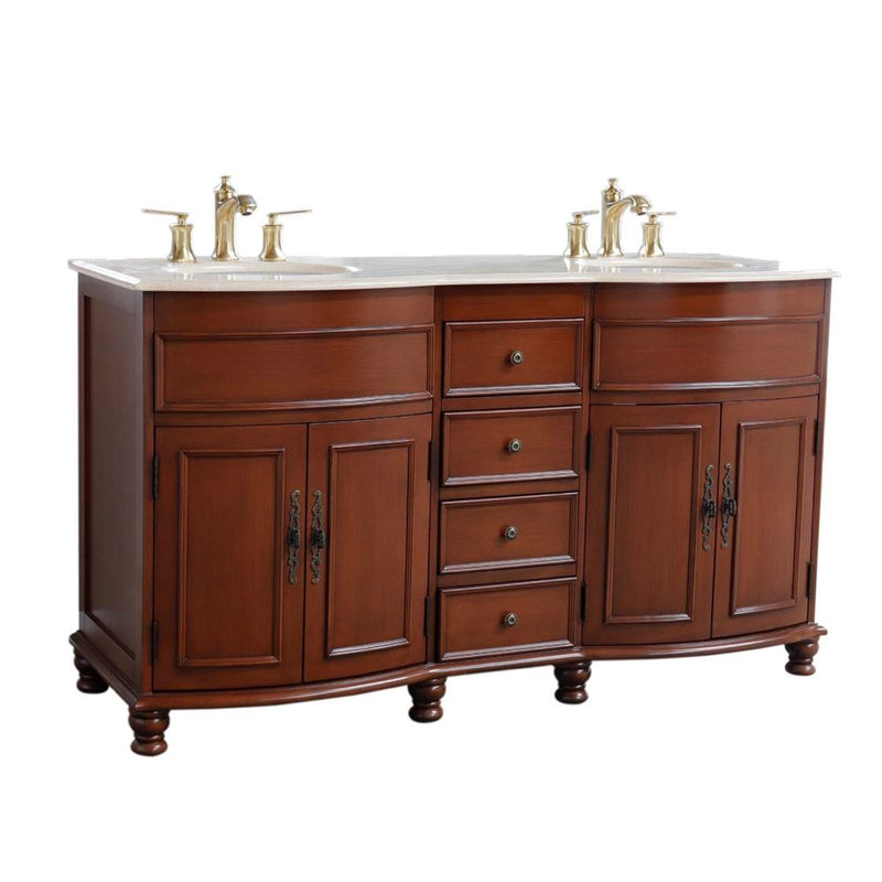 Bellaterra Home 603316-LW-AM Natural 62" vanity, Walnut, marble top, front view on a white background