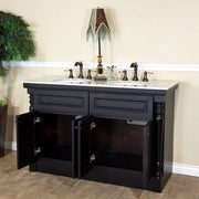 Bellaterra Home 605522A Natural 55" vanity, Dark Mahogany, white carrara top, angled view with doors open showing the shelf