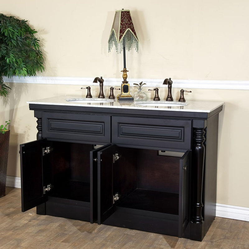 Bellaterra Home 605522A Natural 55" vanity, Dark Mahogany, white carrara top, angled view with doors open showing the shelf