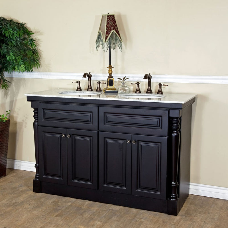 Bellaterra Home 605522A Natural 55" vanity, Dark Mahogany, white carrara top, installed in a bathroom