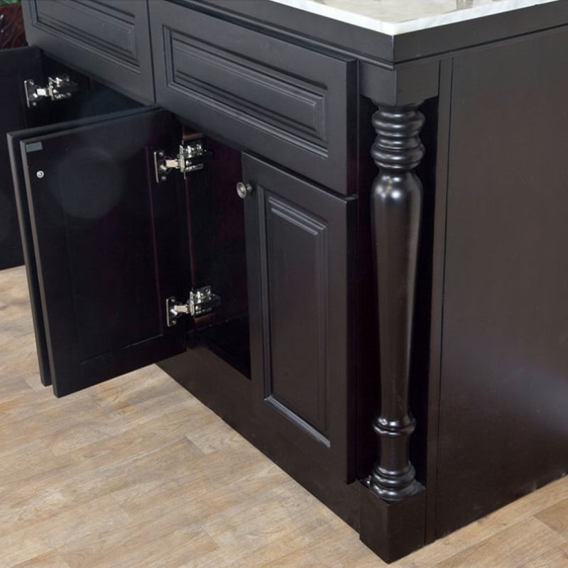 Bellaterra Home 605522B Natural 74" vanity, Dark Mahogany, white carrara top, angled view with doors open showing the shelf