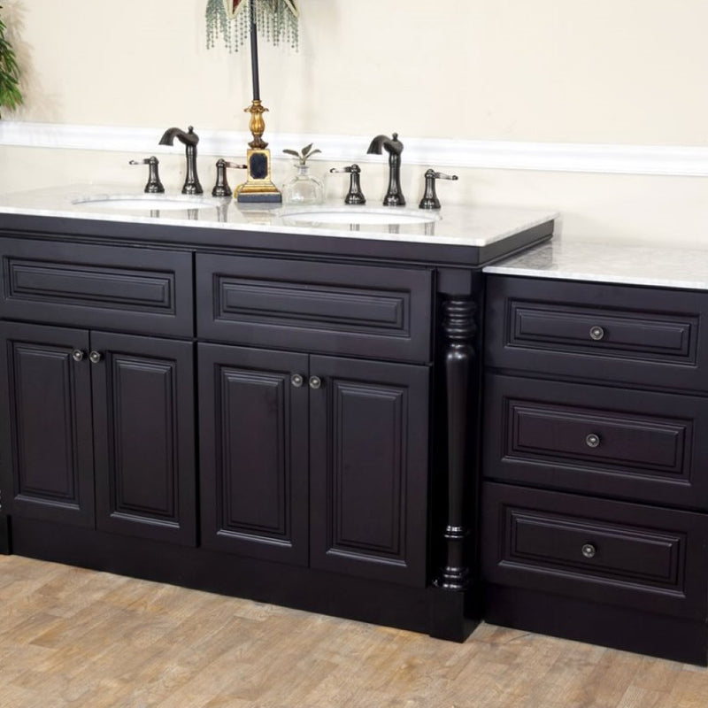 Bellaterra Home 605522B Natural 74" vanity, Dark Mahogany, white carrara top, installed in a bathroom