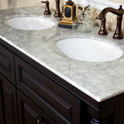 Bellaterra Home 605522B Natural 74" vanity, Dark Mahogany, white carrara top, countertop and sink close-up