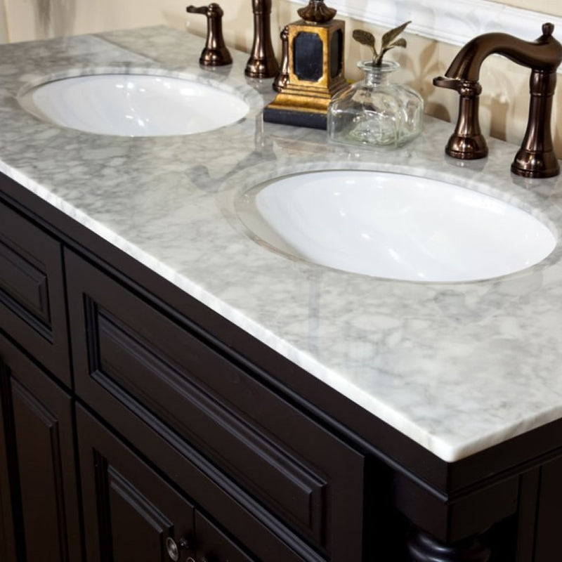 Bellaterra Home 605522B Natural 74" vanity, Dark Mahogany, white carrara top, countertop and sink close-up