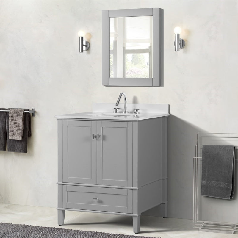 Bellaterra Home 800631-31-LG Aurora 31" vanity, Light Gray, white engineered stone top, installed in a bathroom