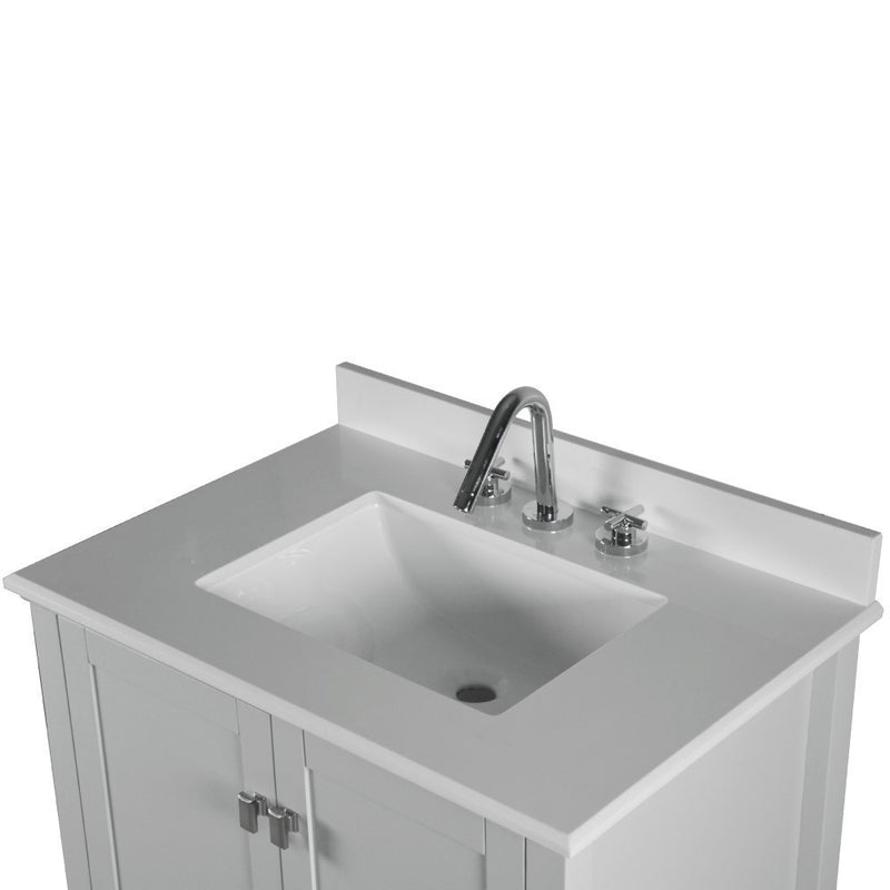 Bellaterra Home 800631-31-LG Aurora 31" vanity, Light Gray, white engineered stone top, countertop and sink close-up