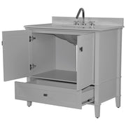 Bellaterra Home 800631-37-LG Aurora 37" vanity, Light Gray, white engineered stone top, angled view with doors open showing