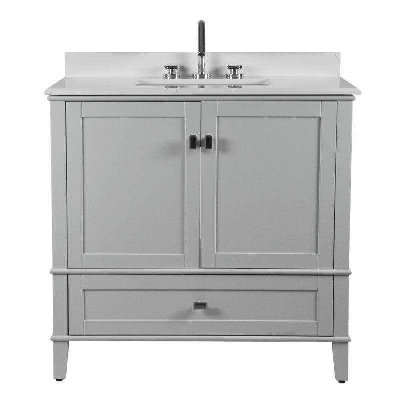 Bellaterra Home 800631-37-LG Aurora 37" vanity, Light Gray, white engineered stone top, angled view on a white background