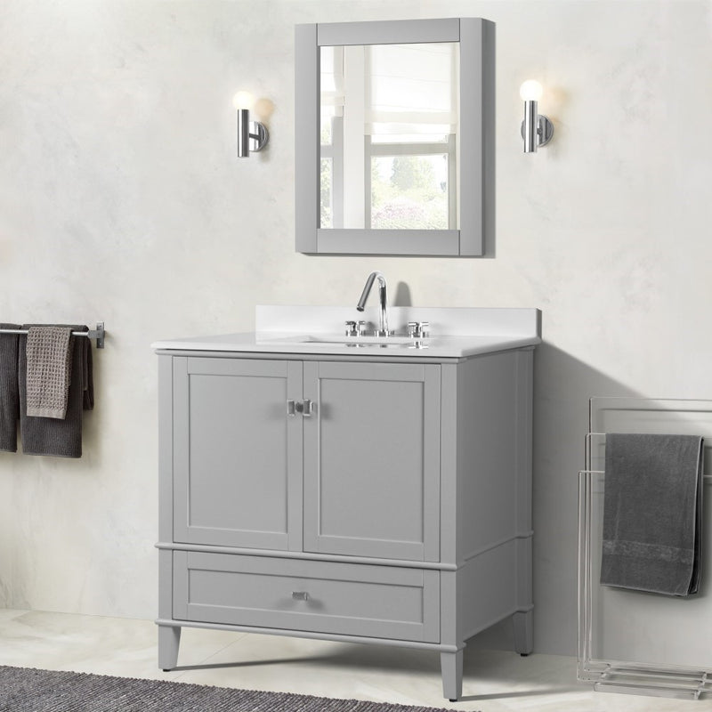 Bellaterra Home 800631-37-LG Aurora 37" vanity, Light Gray, white engineered stone top, installed in a bathroom