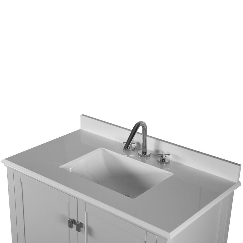 Bellaterra Home 800631-37-LG Aurora 37" vanity, Light Gray, white engineered stone top, countertop and sink close-up
