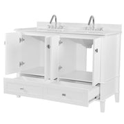 Bellaterra Home 800631-49D-WH Aurora 49" vanity, White, white engineered stone top, angled view with doors open showing the