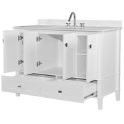 Bellaterra Home 800631-49S-WH Aurora 49" vanity, White, white engineered stone top, angled view with doors open showing the