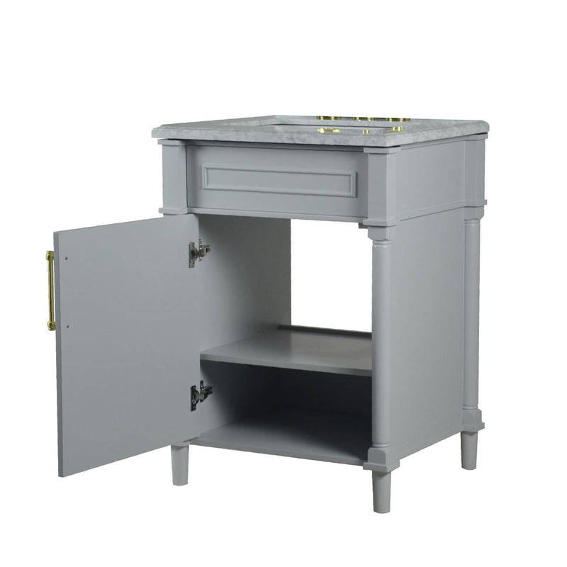 Bellaterra Home 800632-24GD-LG Napa 24" vanity, Light Gray, white Carrara marble top, angled view with doors open showing