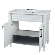 Bellaterra Home 800632-36BL-WH Napa 36" vanity, White, white Carrara marble top, angled view with doors open showing the
