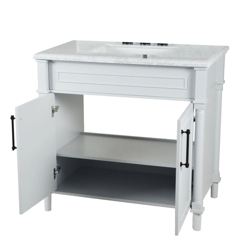 Bellaterra Home 800632-36BL-WH Napa 36" vanity, White, white Carrara marble top, angled view with doors open showing the