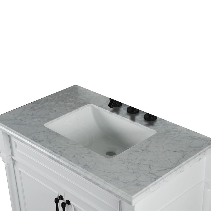 Bellaterra Home 800632-36BL-WH Napa 36" vanity, White, white Carrara marble top, countertop and sink close-up