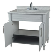 Bellaterra Home 800632-36BN-LG Napa 36" vanity, Light Gray, white Carrara marble top, angled view with doors open showing