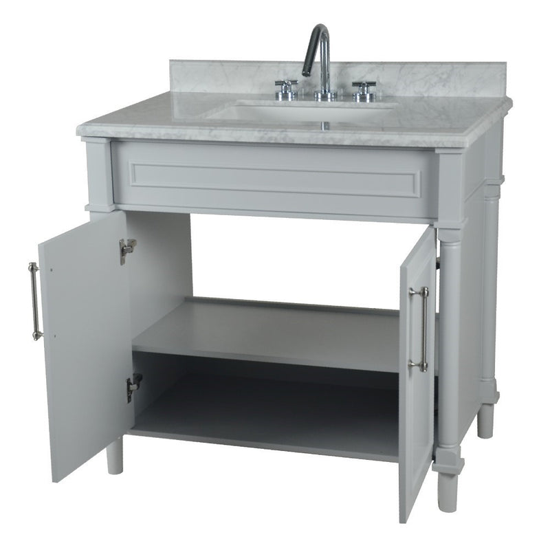 Bellaterra Home 800632-36BN-LG Napa 36" vanity, Light Gray, white Carrara marble top, angled view with doors open showing