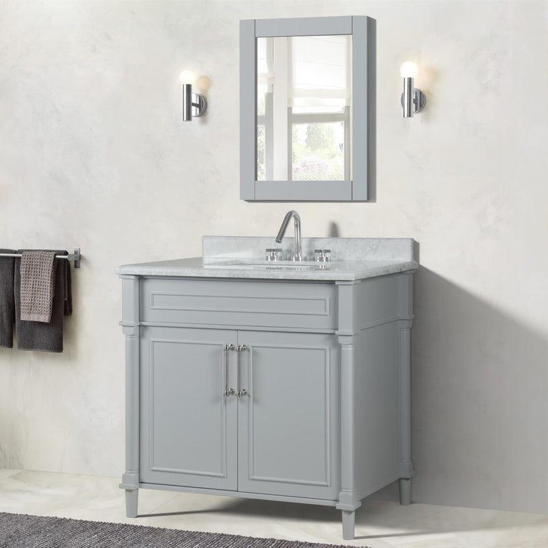 Bellaterra Home 800632-36BN-LG Napa 36" vanity, Light Gray, white Carrara marble top, installed in a bathroom