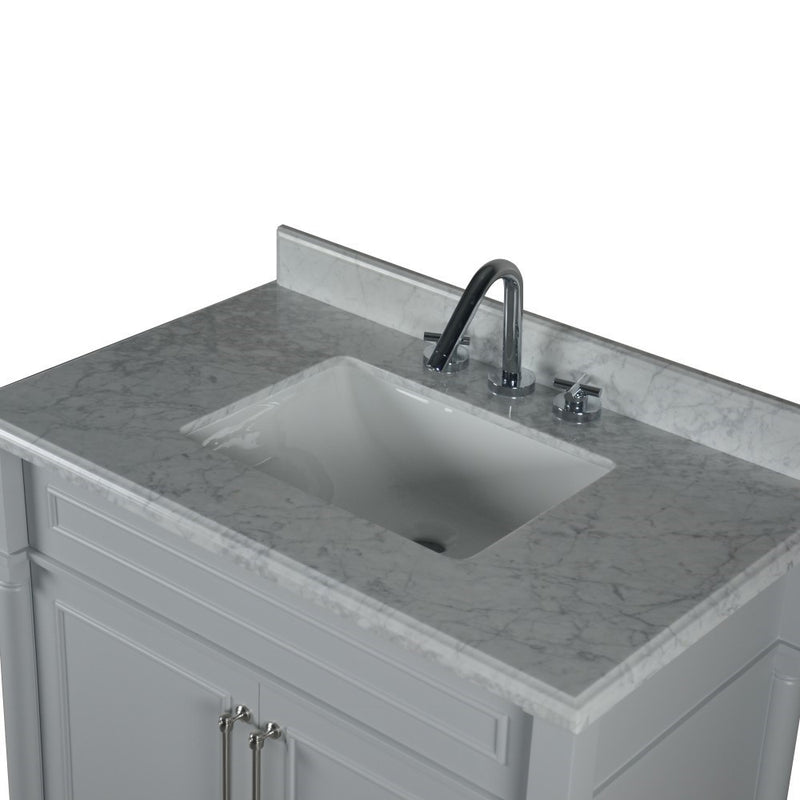 Bellaterra Home 800632-36BN-LG Napa 36" vanity, Light Gray, white Carrara marble top, countertop and sink close-up