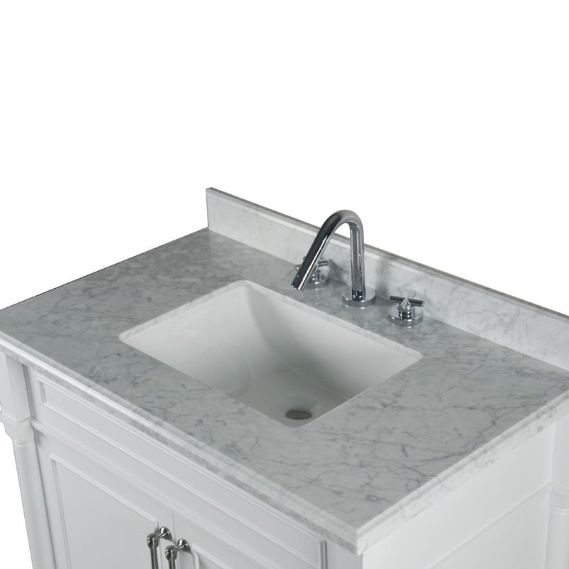 Bellaterra Home 800632-36BN-WH Napa 36" vanity, White, white Carrara marble top, countertop and sink close-up