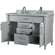 Bellaterra Home 800632-48DBN-LG Napa 48" vanity, Light Gray, white Carrara marble top, angled view with doors open showing