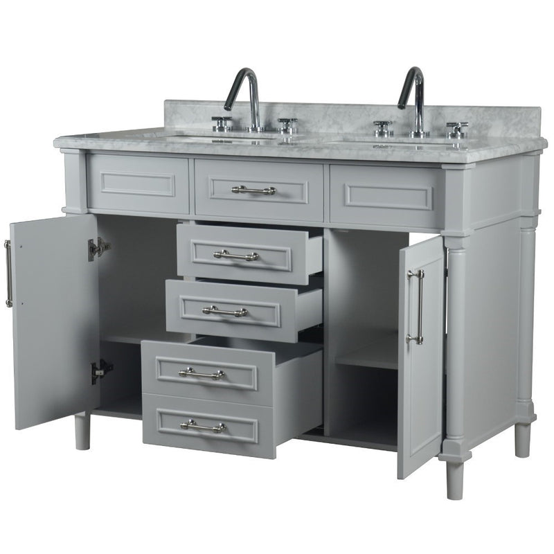 Bellaterra Home 800632-48DBN-LG Napa 48" vanity, Light Gray, white Carrara marble top, angled view with doors open showing