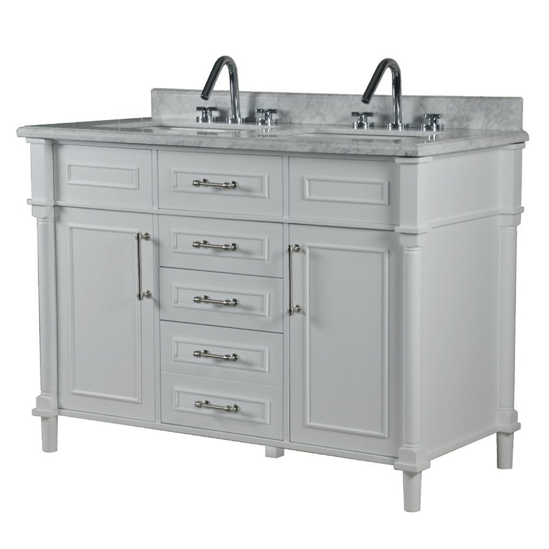 Bellaterra Home 800632-48DBN-WH Napa 48" vanity, White, white Carrara marble top, angled view on a white background