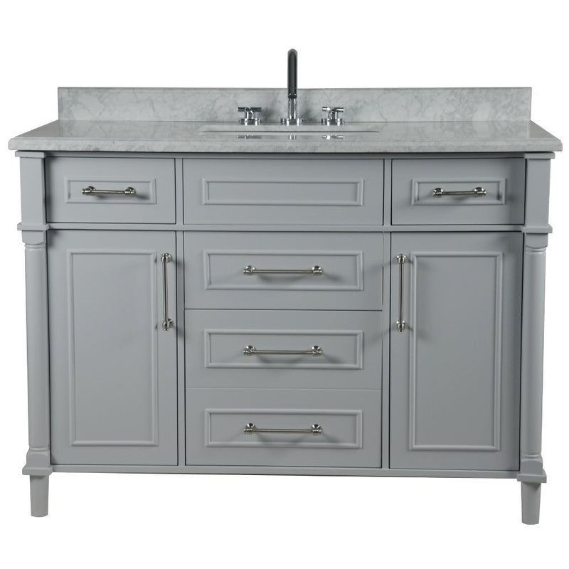 Bellaterra Home 800632-48SBN-LG Napa 48" vanity, Light Gray, white Carrara marble top, front view on a white background