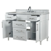 Bellaterra Home 800632-48SBN-WH Napa 48" vanity, White, white Carrara marble top, angled view with doors open showing the