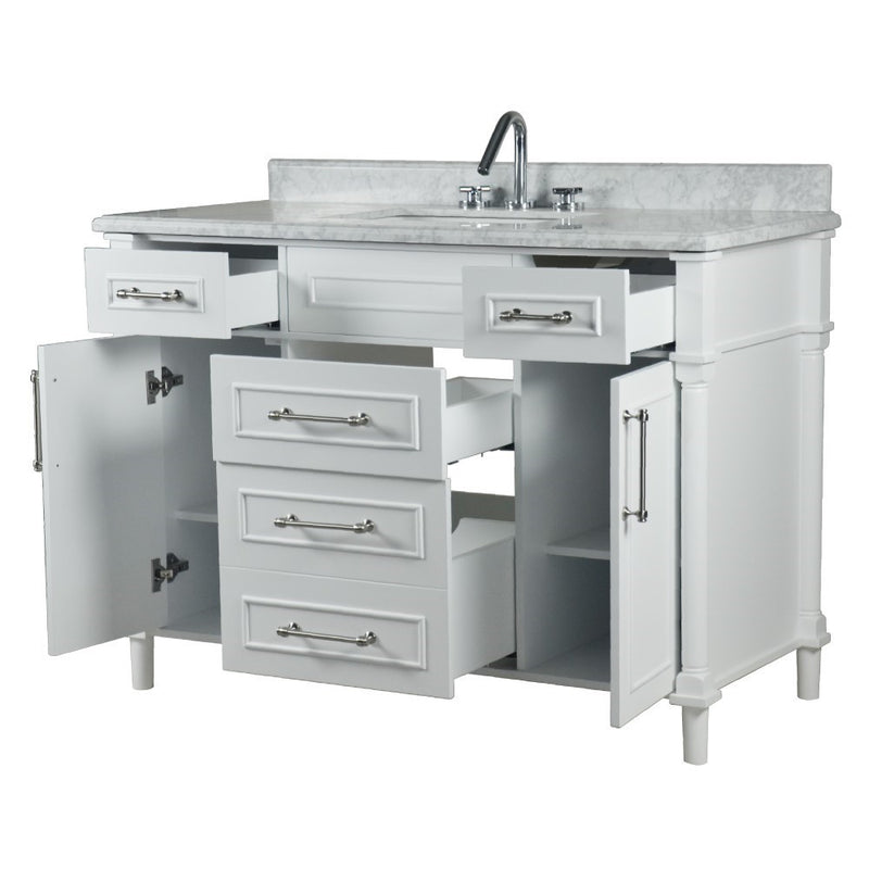 Bellaterra Home 800632-48SBN-WH Napa 48" vanity, White, white Carrara marble top, angled view with doors open showing the