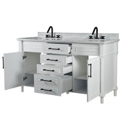 Bellaterra Home 800632-60DBL-WH Napa 60" vanity, White, white Carrara marble top, angled view with doors open showing the