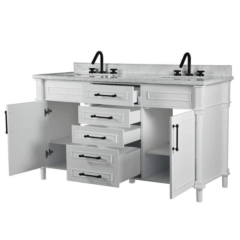 Bellaterra Home 800632-60DBL-WH Napa 60" vanity, White, white Carrara marble top, angled view with doors open showing the