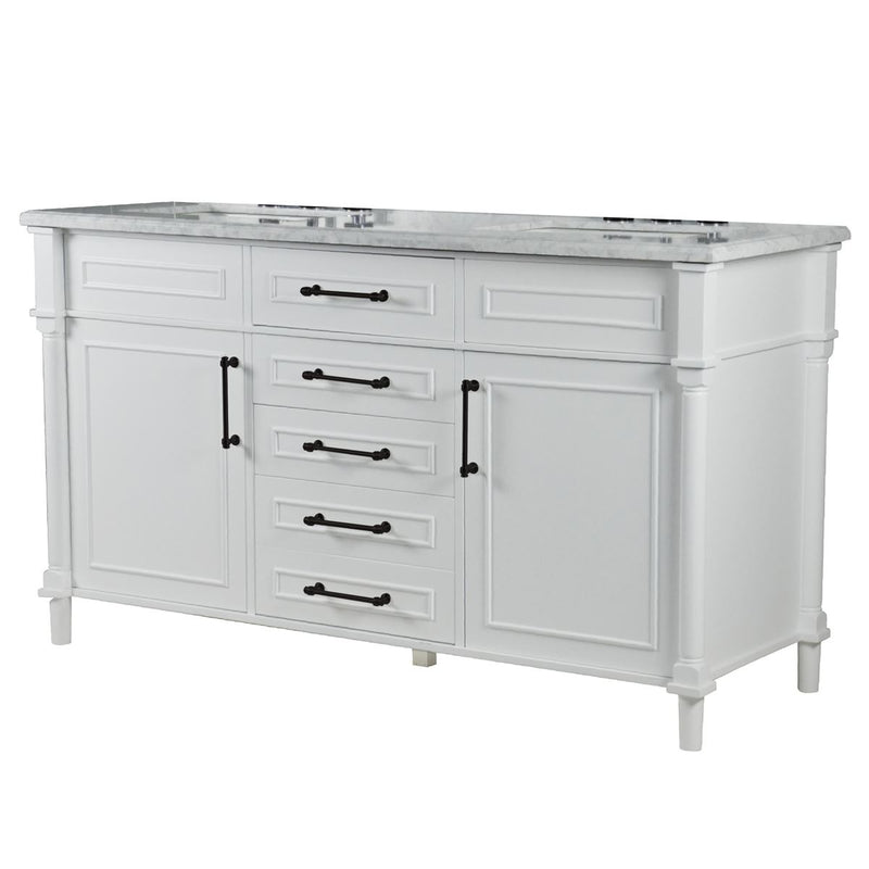 Bellaterra Home 800632-60DBL-WH Napa 60" vanity, White, white Carrara marble top, angled view on a white background