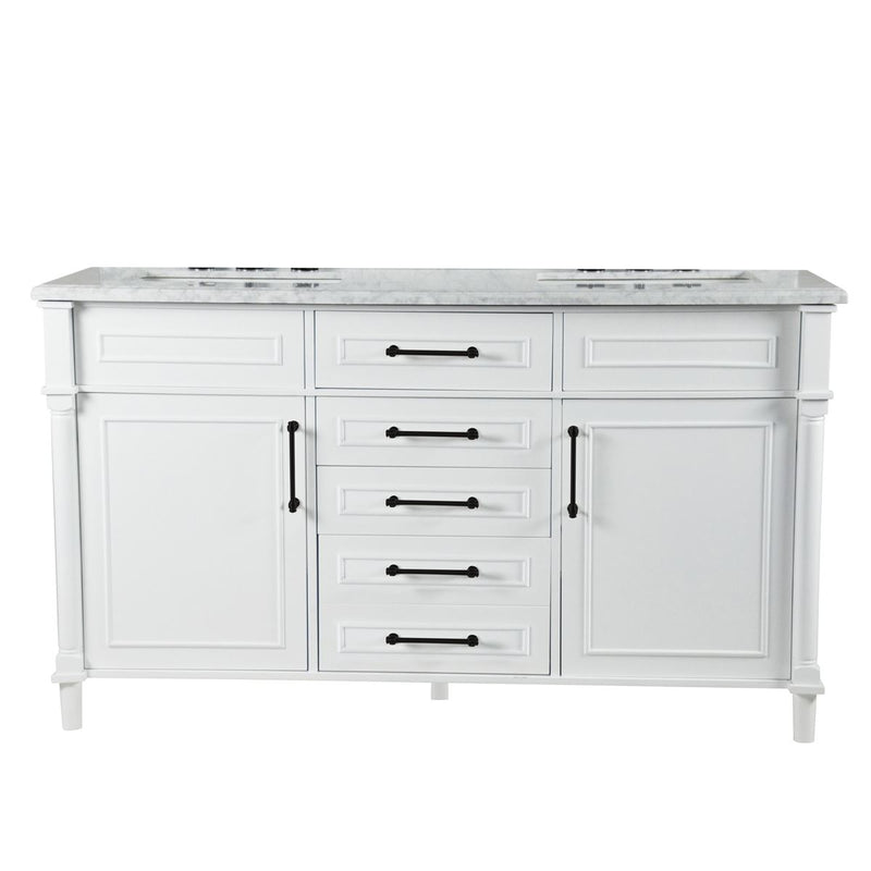 Bellaterra Home 800632-60DBL-WH Napa 60" vanity, White, white Carrara marble top, front view on a white background