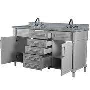 Bellaterra Home 800632-60DBN-LG Napa 60" vanity, Light Gray, white Carrara marble top, angled view with doors open showing