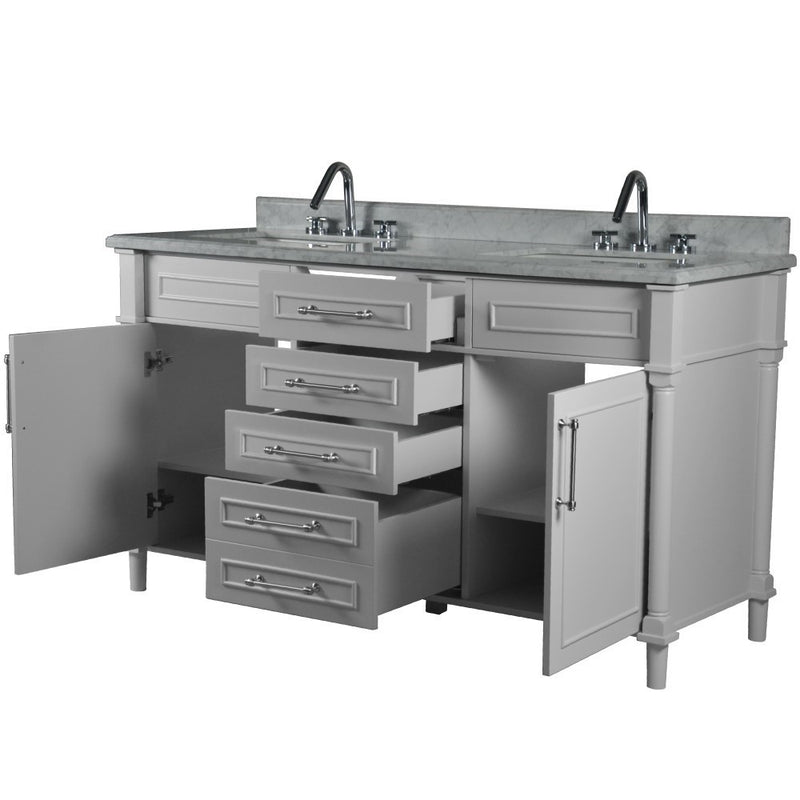 Bellaterra Home 800632-60DBN-LG Napa 60" vanity, Light Gray, white Carrara marble top, angled view with doors open showing