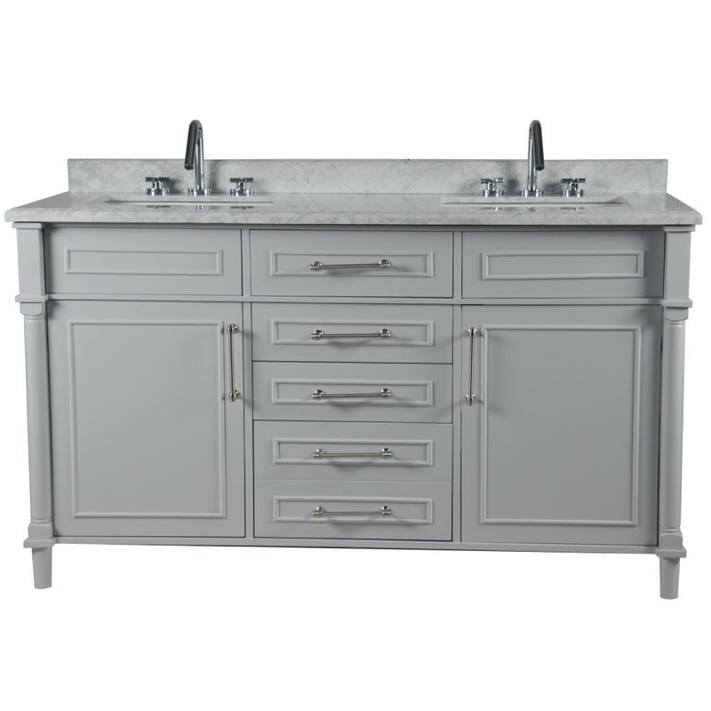 Bellaterra Home 800632-60DBN-LG Napa 60" vanity, Light Gray, white Carrara marble top, front view on a white background