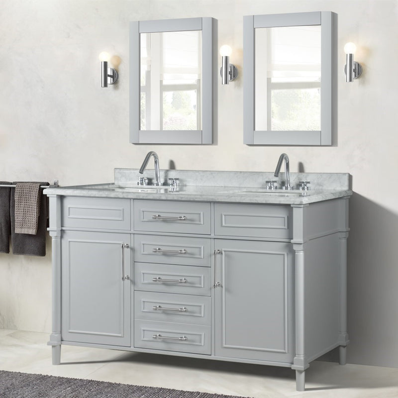 Bellaterra Home 800632-60DBN-LG Napa 60" vanity, Light Gray, white Carrara marble top, installed in a bathroom