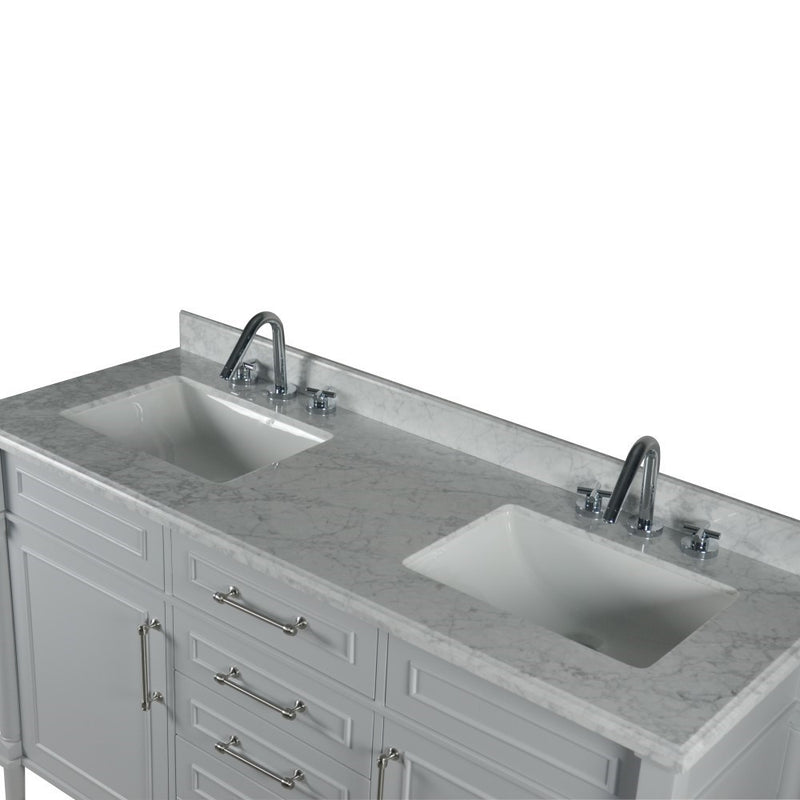 Bellaterra Home 800632-60DBN-LG Napa 60" vanity, Light Gray, white Carrara marble top, countertop and sink close-up