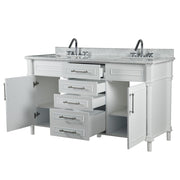 Bellaterra Home 800632-60DBN-WH Napa 60" vanity, White, white Carrara marble top, angled view with doors open showing the