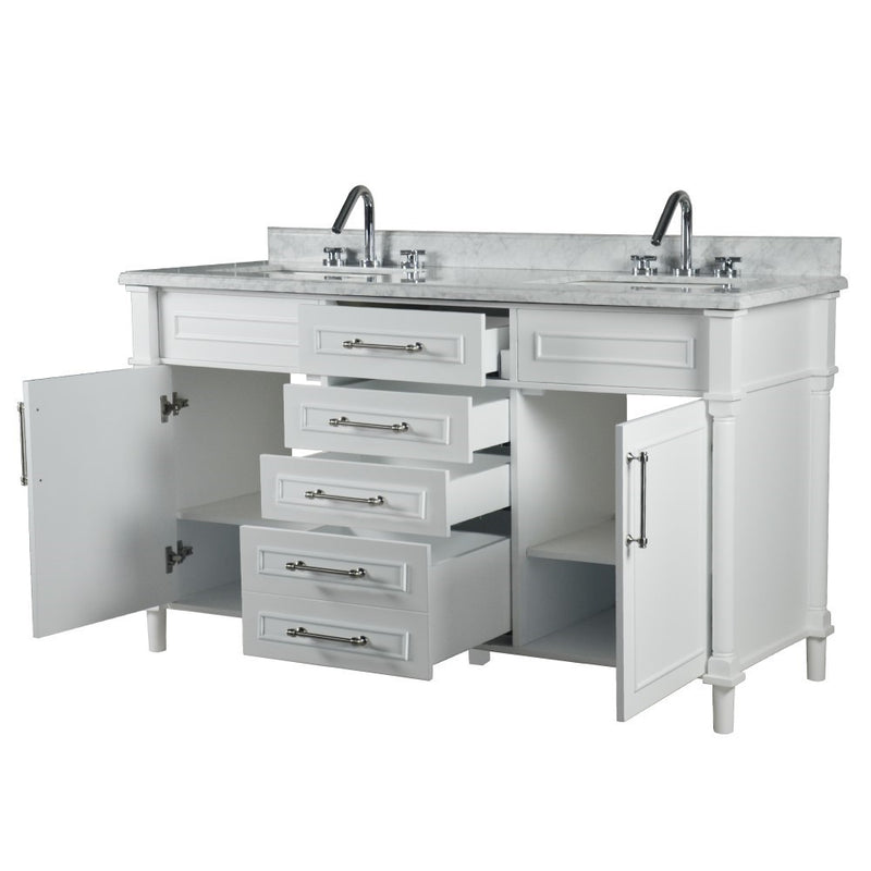Bellaterra Home 800632-60DBN-WH Napa 60" vanity, White, white Carrara marble top, angled view with doors open showing the