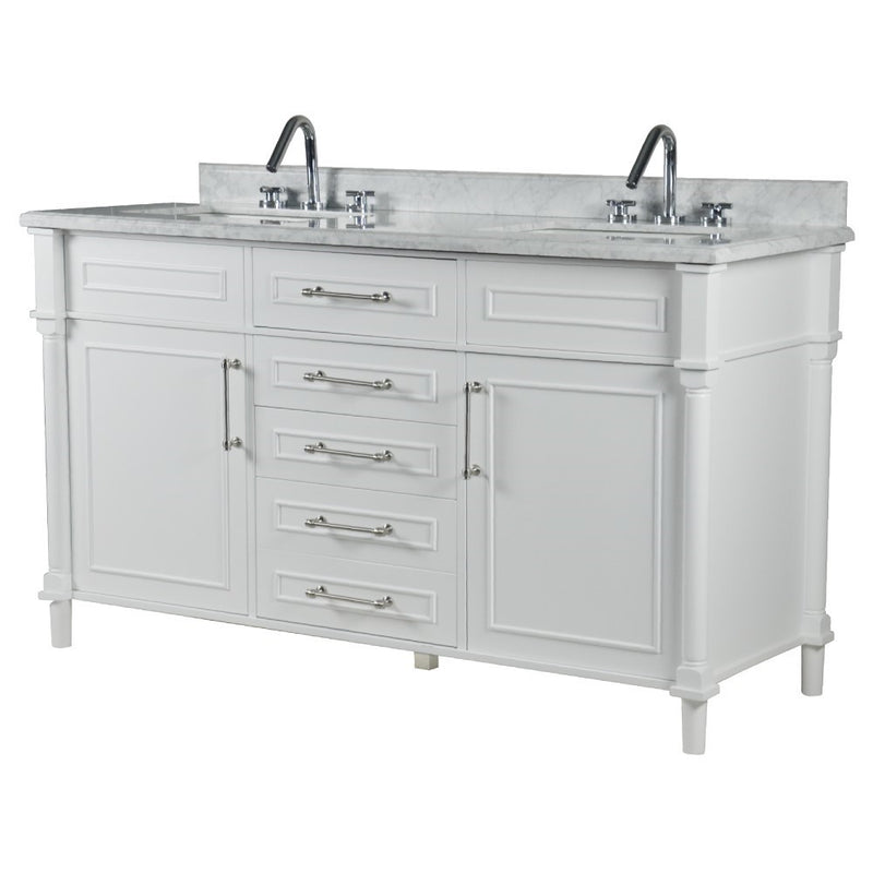 Bellaterra Home 800632-60DBN-WH Napa 60" vanity, White, white Carrara marble top, angled view on a white background